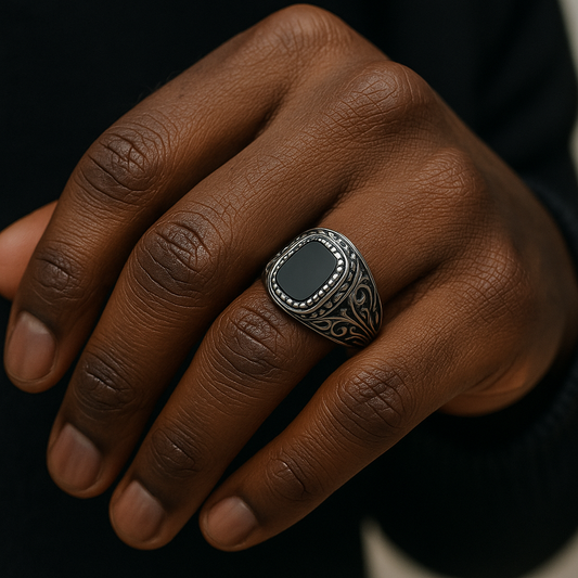 Chevalière Homme Acier Inoxydable Pierre Noire – Style Vintage & Gothique Luxe