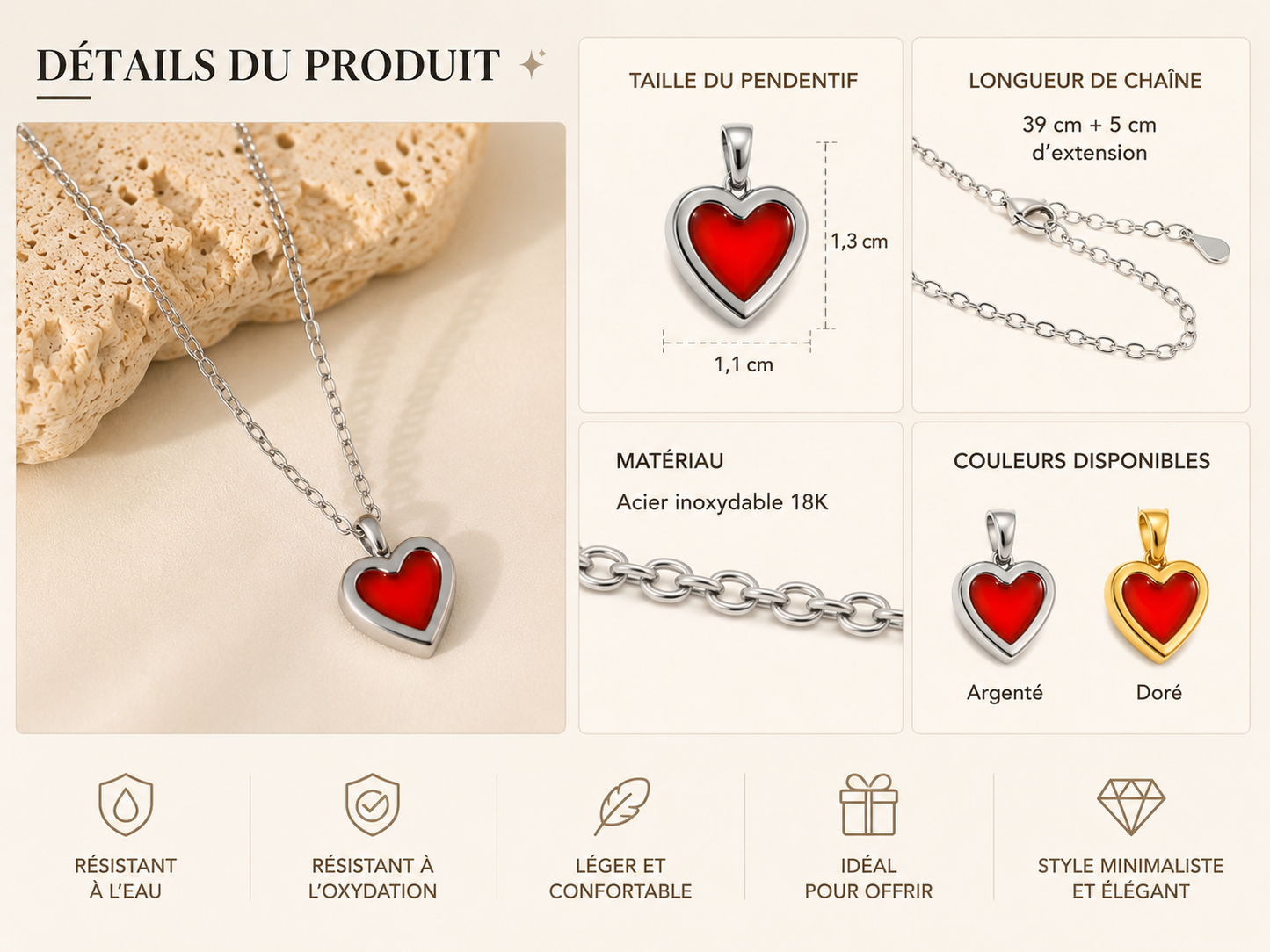 Collier Cœur Minimaliste Rouge