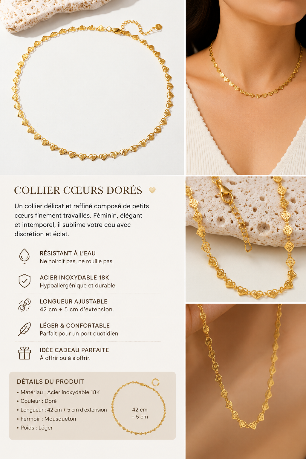 Collier Cœurs Dorés Élégance