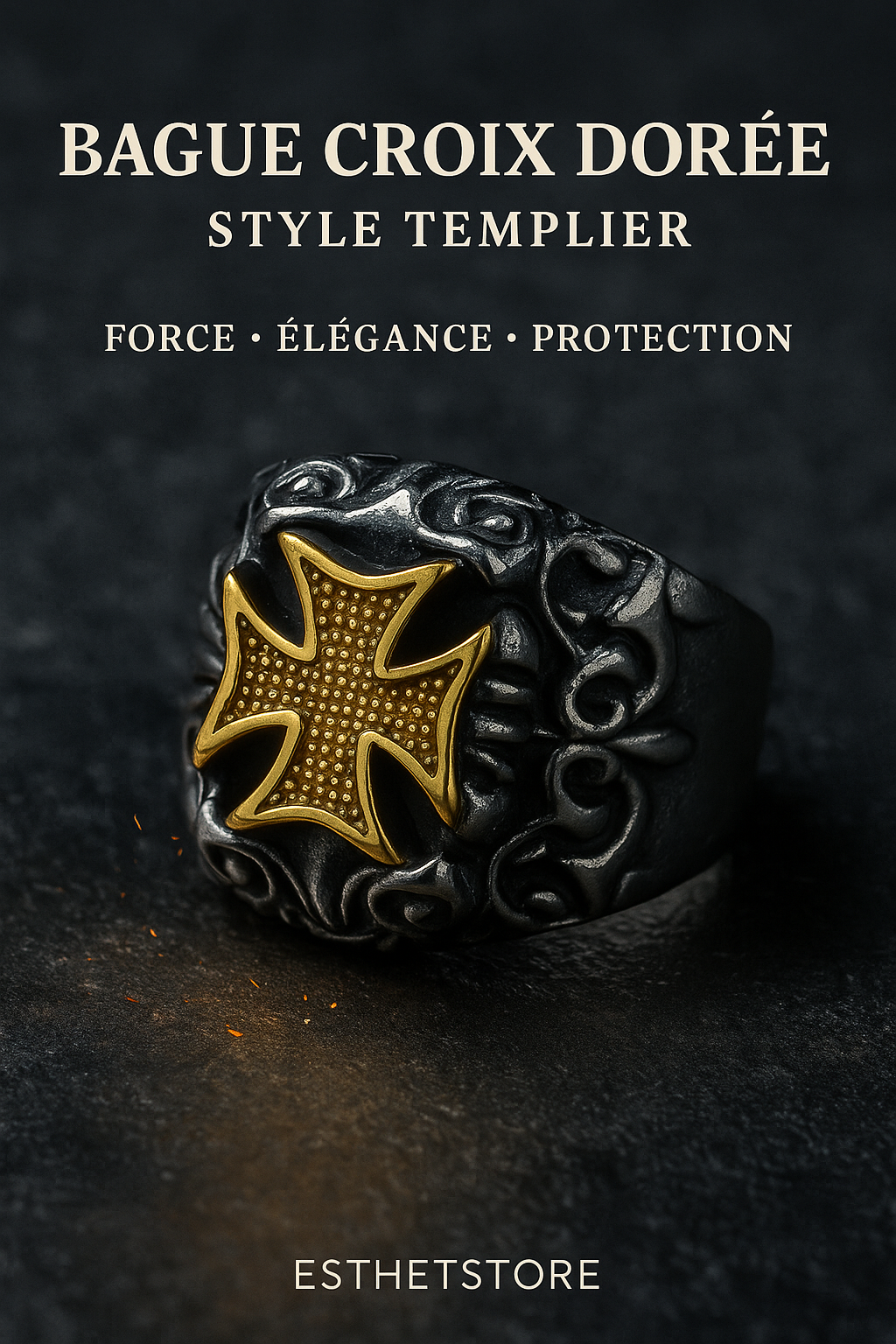 Bague Croix Dorée Style Templier