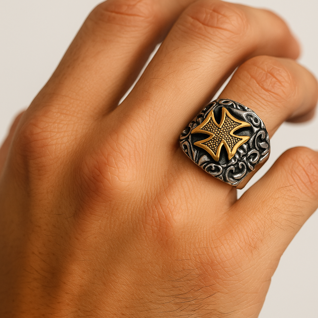 Bague Croix Dorée Style Templier