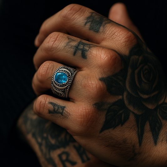 Bague homme argent avec pierre bleue. Chevalière masculine style luxe