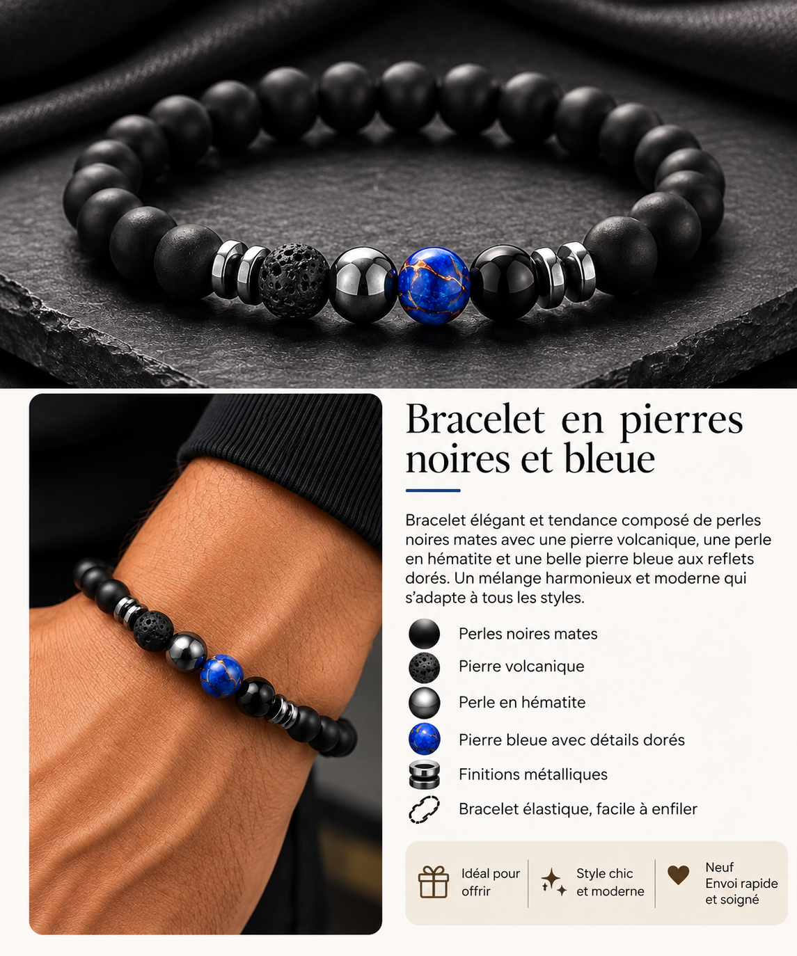 Bracelet homme en pierres – Noir & Bleu 💙